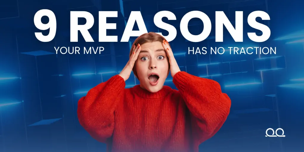 Surprised founder in a red sweater against a blue geometric background with the title 9 Reasons Your MVP Has No Traction.