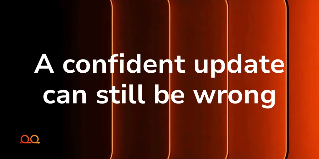 Proof Engine cover card reading 'A confident update can still be wrong' over rounded dark panels glowing orange along their edges