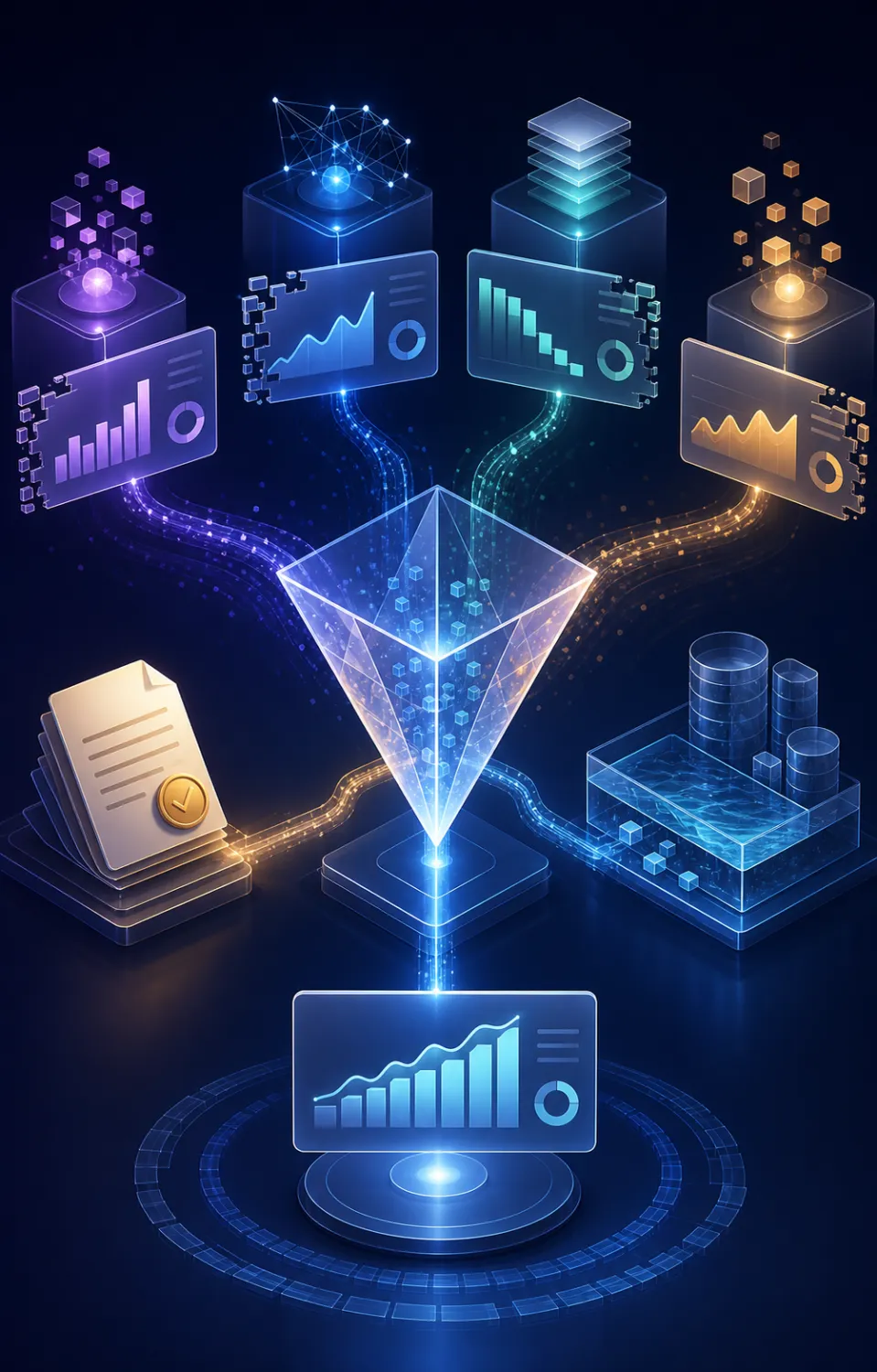Editorial illustration of several conflicting analytics outputs flowing through a transparent evidence-validation layer and resolving into one reviewable result grounded in approved context.