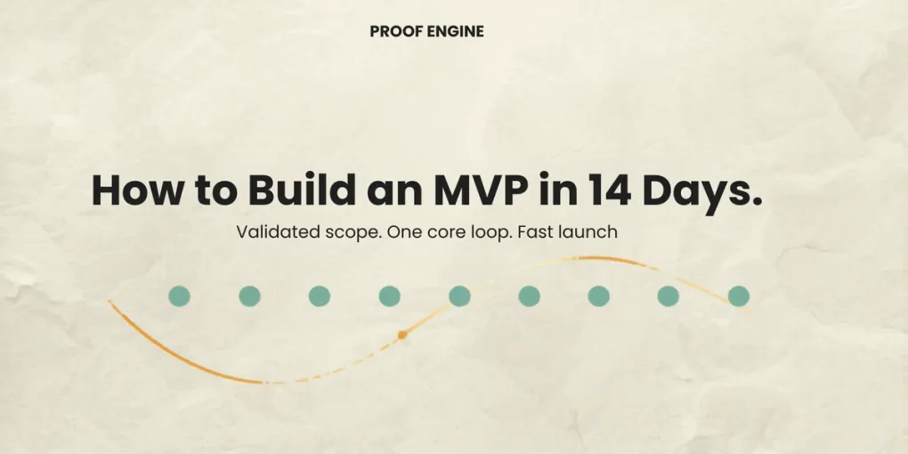 Minimal Proof Engine hero image for How to Build an MVP in 14 Days with a launch timeline and core loop line.