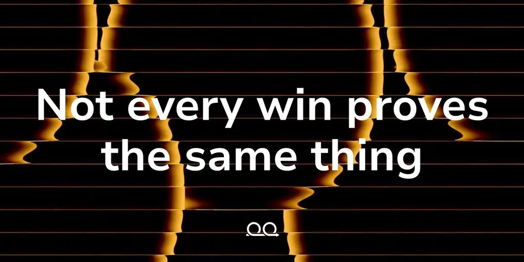 Proof Engine cover card reading 'Not every win proves the same thing' over black horizontal bands with glowing amber waveform edges