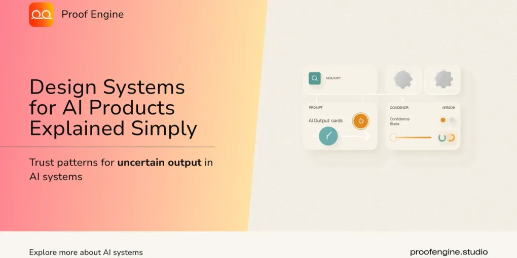 Proof Engine hero image for Design Systems for AI Products with trust patterns and abstract AI interface components.