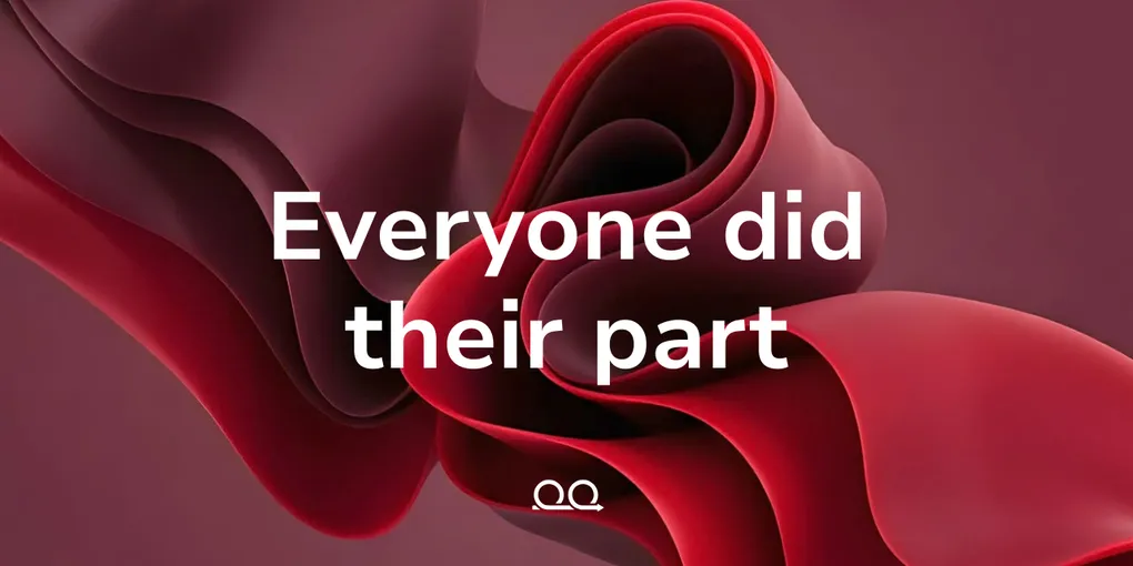 Proof Engine cover card reading 'Everyone did their part' over folded ribbons of crimson satin on a muted mauve ground