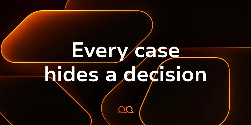 Proof Engine cover card reading 'Every case hides a decision' over overlapping neon orange outlined shapes on black