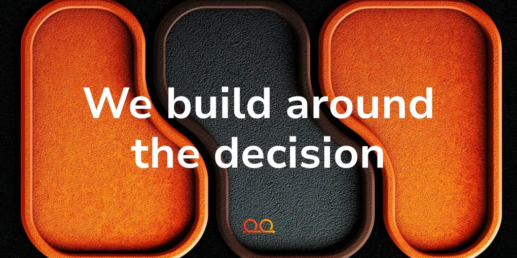 Proof Engine cover card reading 'We build around the decision' over three tall rounded textured panels in orange and charcoal
