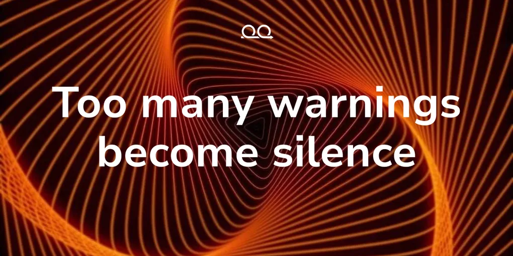 Proof Engine cover card reading 'Too many warnings become silence' over a spiral of glowing orange lines on black