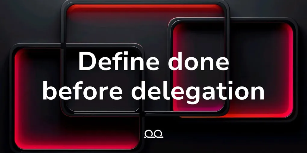 Proof Engine cover card reading 'Define done before delegation' over overlapping dark rounded frames lit in red