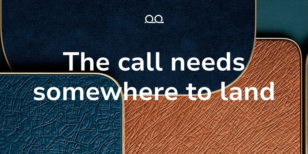 Proof Engine cover card reading 'The call needs somewhere to land' over overlapping rounded panels of navy suede, teal, and copper textured leather