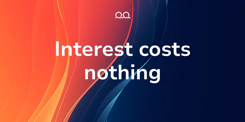 Proof Engine cover card reading 'Interest costs nothing' over flowing orange and red waves fading into deep navy