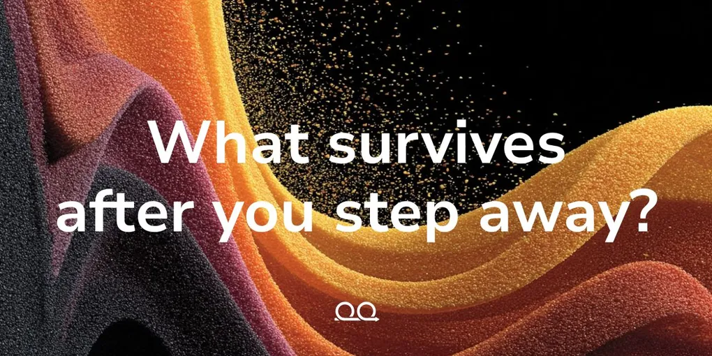 Proof Engine cover card reading 'What survives after you step away?' over textured waves of black, plum, orange, and yellow grains scattering into darkness