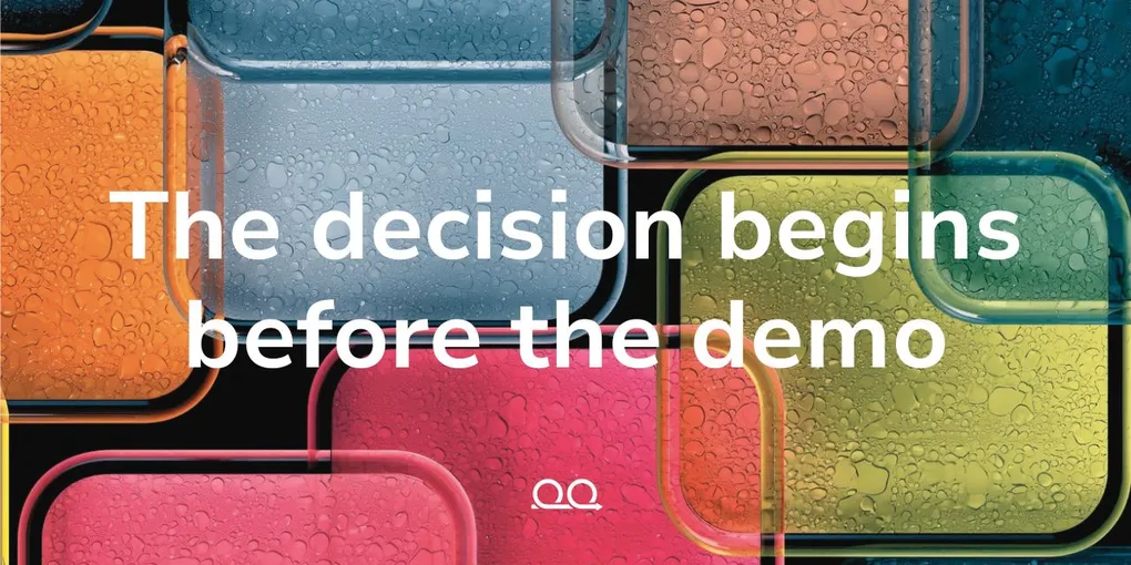 Proof Engine cover card reading 'The decision begins before the demo' over overlapping glass panels in orange, blue, pink, and lime covered in water droplets