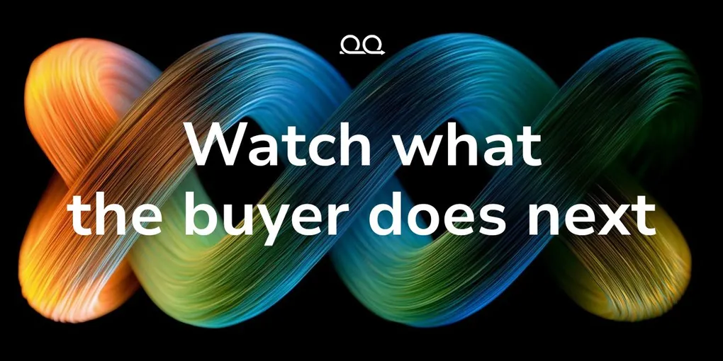 Proof Engine cover card reading 'Watch what the buyer does next' over an interwoven ribbon of orange, green, and blue fibers on black