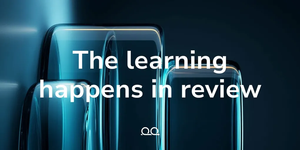 Proof Engine cover card reading 'The learning happens in review' over glowing teal glass columns