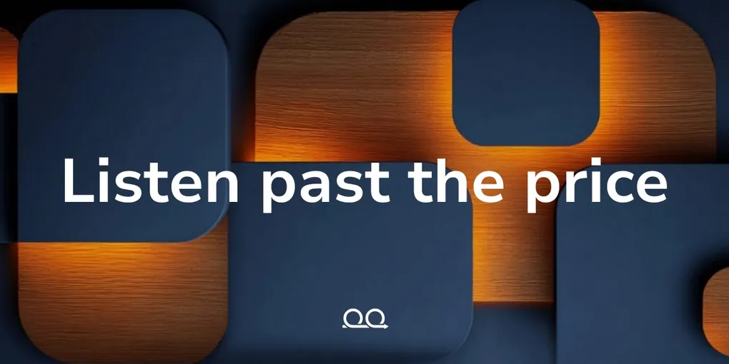 Proof Engine cover card reading 'Listen past the price' over rounded navy panels with warm orange light glowing through wood-grain gaps