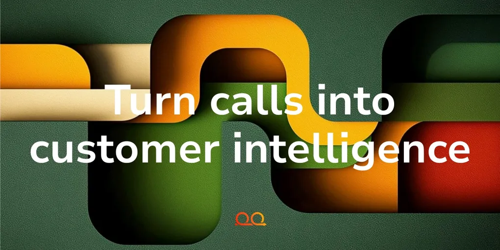 Proof Engine cover card reading 'Turn calls into customer intelligence' over interlocking green, amber, and red rounded ribbons