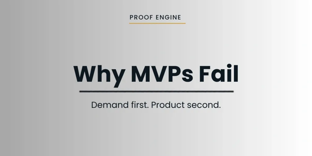Minimal Proof Engine hero image for Why MVPs Fail with the line Demand first. Product second.