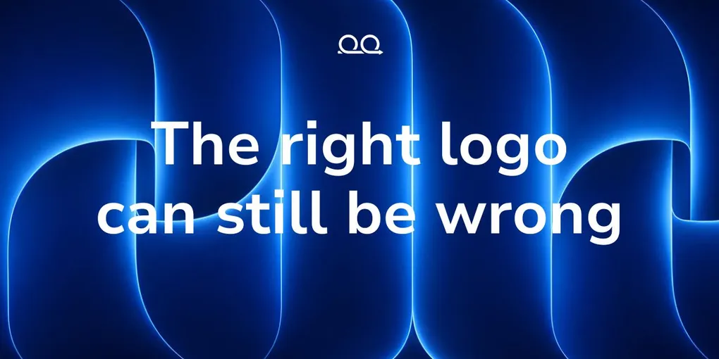 Proof Engine cover card reading 'The right logo can still be wrong' over glowing blue neon arches on a dark navy background